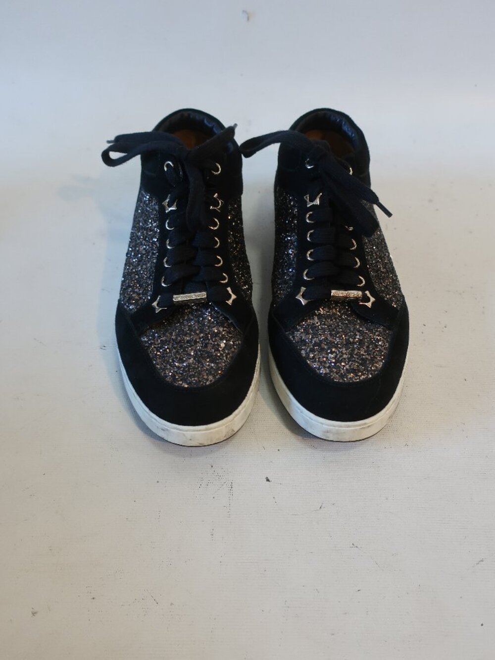 Womens Jimmy Choo Miami Black Suede Bronze, Black Glitter Sneaker 39 1/2 EU/ 9.5
